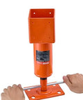 Front view: orange VEVOR screw jack post with square base plate and hand-turn bar for lifting and leveling.