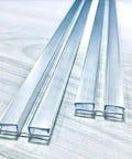 Heavy Duty 36 Inch PVC Piano Hinge 3 16 Inch Tool Free Zero Drilling Friction Lock Acrylic Plexiglass Panel Connector No Screws Glue Aquarium Lid Drum Shell Golf Cart Windshield Snap In Fit 2 Pack clear PVC piano hinges laid out on a surface.