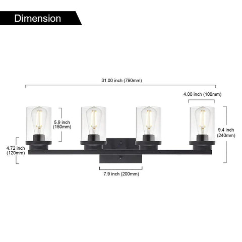Four Light Vanity Light Fixture In Matte Black With Clear Glass Shades front view dimensions diagram