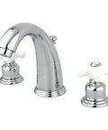 Victorian Widespread Lavatory Faucet With Porcelain Cross Handle In Polished Chrome Finish Solid Brass Construction 8 Inch To 16 Inch