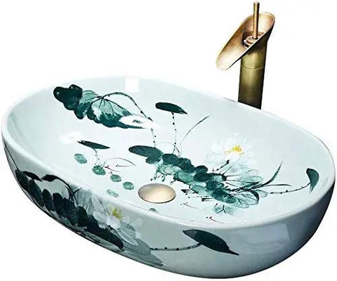Super Chic Oval Above Counter Bathroom Vanity Vessel Sink Premium Porcelain Ceramic Washbasin with floral design, 57x39 cm, modern style.