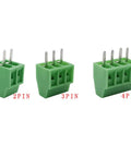 Front view of 50 Pack 2.54mm 0.1 Inch Pitch PCB Mount Screw Terminal Block Connector 2P, 3P, 4P, supports 18 to 26 AWG wires.
