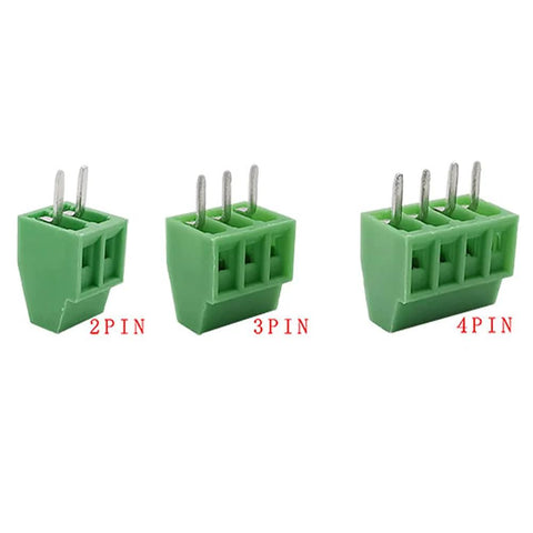 Front view of 50 Pack 2.54mm 0.1 Inch Pitch PCB Mount Screw Terminal Block Connector 2P, 3P, 4P, supports 18 to 26 AWG wires.