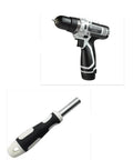 Top Shelf 12V Lithium Cordless Drill Power Tool Set With 58 Pcs Heavy Duty Carbon Steel Bits And Metric Screwdriver Bits, viewed from the side.