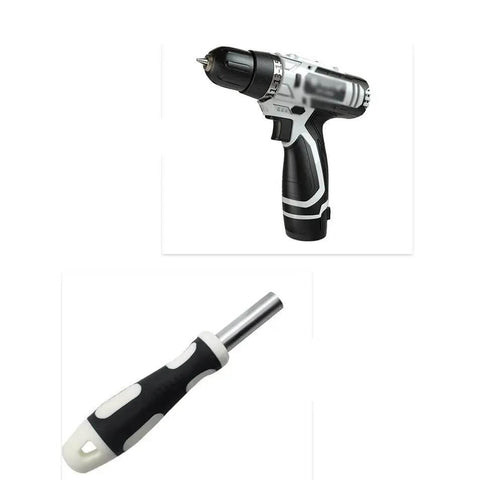 Top Shelf 12V Lithium Cordless Drill Power Tool Set With 58 Pcs Heavy Duty Carbon Steel Bits And Metric Screwdriver Bits, viewed from the side.