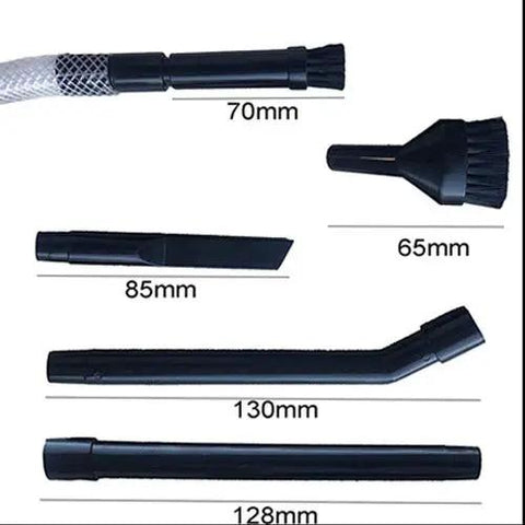 Micro Vacuum Attachment 7 Piece Kit For Electronics And Delicate Surfaces Tiny Yet Mighty Cleaning Set For TV Computers And Hard To Reach Spots Fits One And A Quarter Inch Wands showing various attachments with measurements