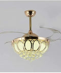 Top Notch 52 Inch Gold Ceiling Fan With Light, Fresh Crystal Lotus Frame, installation view from below, showcasing crystal glass light cover.