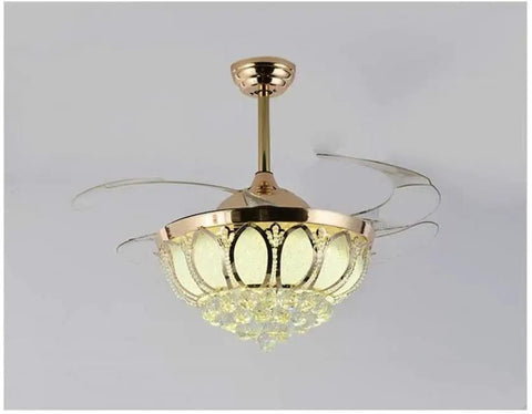 Top Notch 52 Inch Gold Ceiling Fan With Light, Fresh Crystal Lotus Frame, installation view from below, showcasing crystal glass light cover.