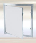 Straight Up Solid Aluminum Access Panel 24 By 36 Inch with fixed hinge opened to show seamless drywall cover.
