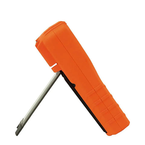 Side view of Digital Auto Ranging Multimeter For AC DC Voltage And Current With Temperature Frequency Capacitance Duty Cycle Diode And Continuity Tests 1000V CAT IV 600V CAT III 1000V Safety Built Tough And Drop Ready Orange on stand
