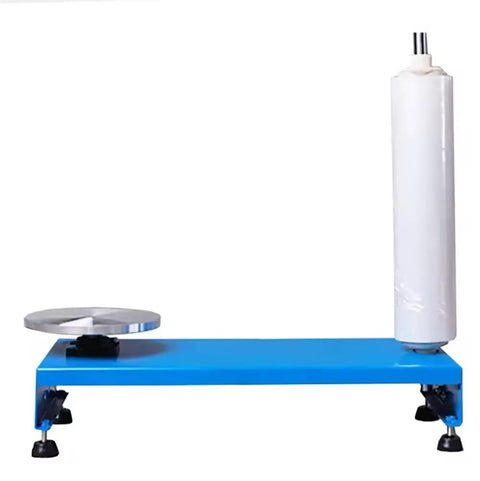 Heavy Duty Manual Pallet Stretch Wrap Machine With Quick Film Dispenser And 30 Cm Rotating Turntable built with sturdy blue base and roll of clear film for shipping.
