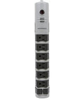 Front view of Eight Outlet Rotating Surge Protector Power Strip With 2160 Joules UL Rated Grounded And Protected Light Indicator Gray Finish