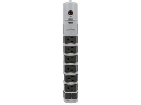 Front view of Eight Outlet Rotating Surge Protector Power Strip With 2160 Joules UL Rated Grounded And Protected Light Indicator Gray Finish