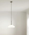 Swanky 15 Inch One Light Pendant in Satin Etched Glass with Brushed Nickel Finish hanging from ceiling in room view
