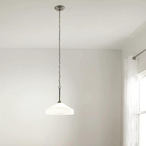 Swanky 15 Inch One Light Pendant in Satin Etched Glass with Brushed Nickel Finish hanging from ceiling in room view