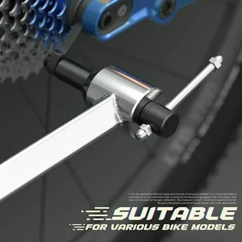 Close-up of Derailleur Hanger Alignment Gauge Tool For Bikes With 20 To 29 Inch Wheels Pro Grade Stainless Steel 304 in use