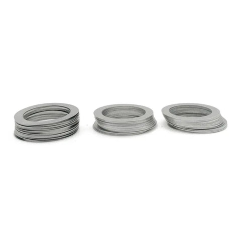 Stainless Steel Flat Washer Set Of 5 Pcs M38 M40 M42 M45 M50 Beefy 0.1mm Thick Spacers And Washers For Hoses And Hardware Pro Grade DIY Ready Kit Versatile Home And Industrial Fix Kit For Replacing Spacers And Shims. stacked stainless steel flat washers in M38, M40, M42, M45 and M50 sizes