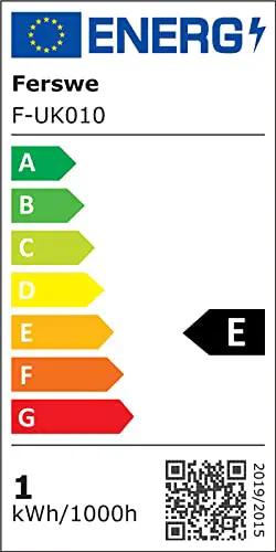 Energy efficiency label showing rating E for product model F-UK010 with a consumption of 1 kWh per 1000 hours.