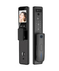 Keep Your Crib Secure On Autopilot With Fingerprint Smart Lock Visual Intercom Password Entry Wide Angle Night Vision Camera Auto Light Sensor showing intercom and keypad on sleek black smart lock.