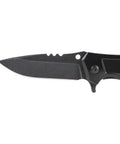 Side view of Klein Tools 44228 folding pocket knife, black handle, stainless blade