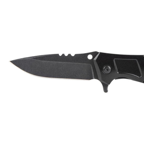 Side view of Klein Tools 44228 folding pocket knife, black handle, stainless blade