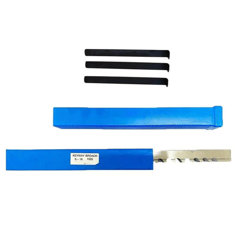 Deadset Reliable HSS Keyway Broach For CNC Machining and Gritty Workshop Tool with protective case and three black inserts.