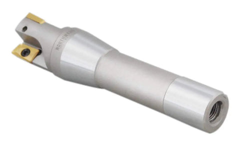 1-1/4 Inch By 5-27/32 Inch 90 Degree R8 Shank Indexable End Mill With Three APKT1604 Tin Coated Carbide Inserts Installed Positive Rake Right Hand Cut Pro Grade Milling Tool For Aluminum And Steel