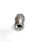 Waterjet outlet body adapter, metal with threaded cylindrical body and square mounting end, front view.