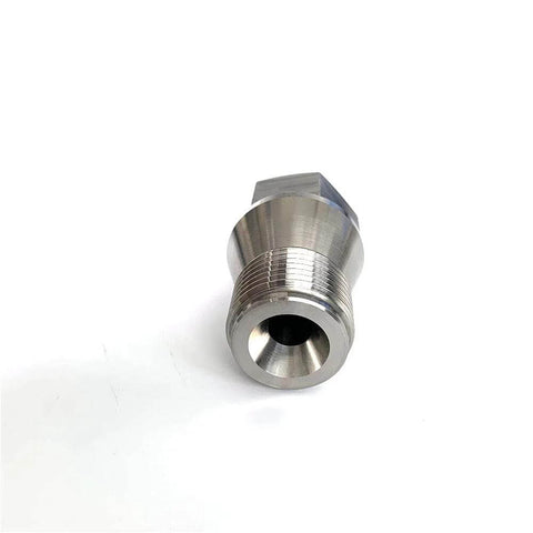 Waterjet outlet body adapter, metal with threaded cylindrical body and square mounting end, front view.