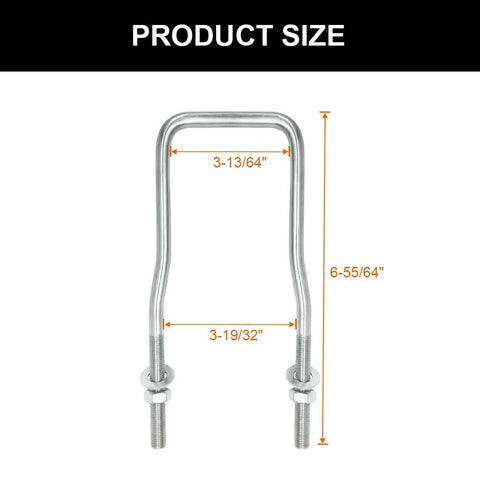 Trailer Spare Tire Mount Bracket U Bolt Tire Carrier Holder Side Mount Fits 4 Lug 5 Lug Up To 15 Inch Tire Easy Install Heavy Duty Gear For Trailers And Utility Vehicles shown in product size measurement with nuts and washers.
