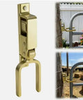 Heavy Duty Instant Locking Gate Latch With Slick One Hand Operation Rust Resistant Gold Alloy Steel Fence Hardware on a gate