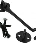 Stainless Steel Cabin Hook and Eye Latch for Gate Door Window Barn Shed with included screws and black finish.