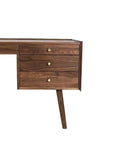 Ergonomic Adjustable Standing Desk Featuring Rich Walnut Desktop Four Deep Storage Drawers Integrated Monitor Stand side view with gold knobs