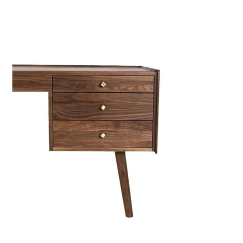Ergonomic Adjustable Standing Desk Featuring Rich Walnut Desktop Four Deep Storage Drawers Integrated Monitor Stand side view with gold knobs