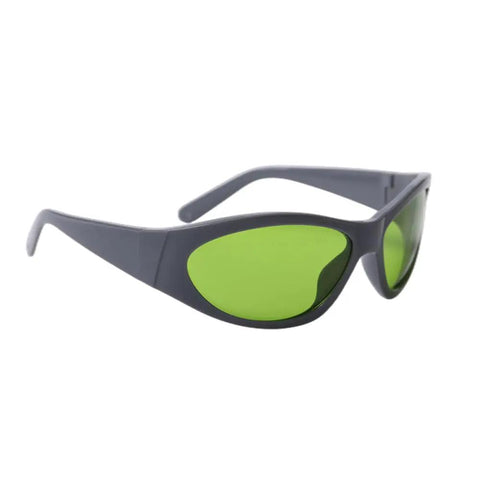 Heavy Duty Laser Safety Glasses With Crystal Clear Lenses Providing Straight Up Protection Against 660nm And 800 To 1095nm Wavelengths Featuring OD5 Rating For Labs And Clinics, grey frame with green lenses.