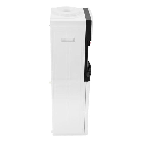 Side view of 5 Gallon Top Load Water Cooler Dispenser with Hot And Cold Water For Home Or Office, white finish, freestanding unit.