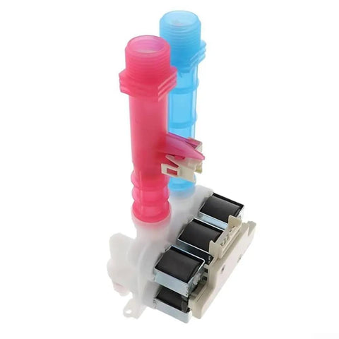 Easy Fit Washing Machine Water Inlet Valve Replacement Part For Most Standard Washers With Universal Fit, Durable Dual Material Valve Assembly That Is Plastic Housing And Metal Components, Simple Installation, pink and blue valve