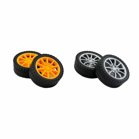 Orange and gray wheels from Twenty Piece Toy Wheel Set With 2mm Shaft Holes For DIY RC Cars Trucks Helicopters And Robots Kit