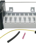 Premium Heavy Duty Replacement Refrigerator Ice Maker Assembly Compatible With Major Appliance Models showing ice mold and wiring.