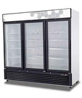 White Three Door Upright Freezer With Clear Glass Panels And Straight Up Solid Cooling That Keeps Your Groceries Perfectly Frozen Works Like A Charm In Homes Or Retail Stores, showcasing stainless shelves.