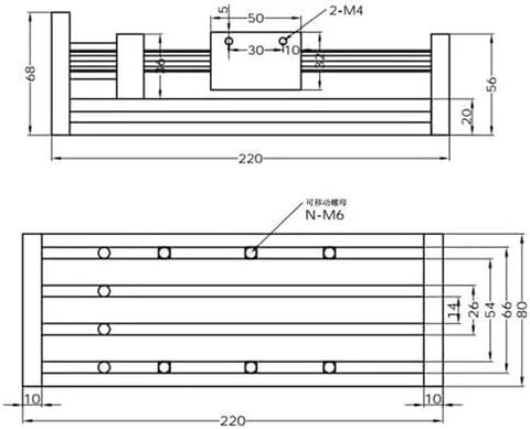 Technical drawing of GGP ball screw linear guide stage, front and side views with mounting holes and 220 mm length.
