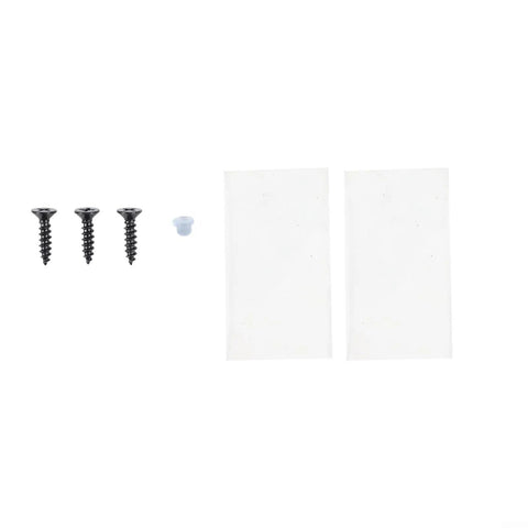 Hardware kit including black screws, plastic spacer, and two clear adhesive pads for Boss Level Stainless Steel Hydraulic Glass Door Hinge.