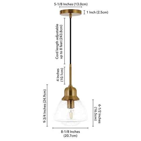 8.12-Inch Wide Pendant Light With Brass Seeded Glass Shade Schoolhouse Bell Style Dimmable E26 Fixture dimensions shown