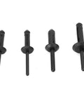 Awesome Handheld Plastic Rivet Gun With 40pc Heavy Duty Poly Nuts For DIY Fixes. Perfect Ergonomic Single Grip Tool To Tighten Fasteners In Tight Spots Without Messing Up Delicate Surfaces Easy Setup For Car And Home Repair Projects Right Now. Four black plastic rivet gun fasteners shown on white background