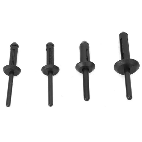 Awesome Handheld Plastic Rivet Gun With 40pc Heavy Duty Poly Nuts For DIY Fixes. Perfect Ergonomic Single Grip Tool To Tighten Fasteners In Tight Spots Without Messing Up Delicate Surfaces Easy Setup For Car And Home Repair Projects Right Now. Four black plastic rivet gun fasteners shown on white background