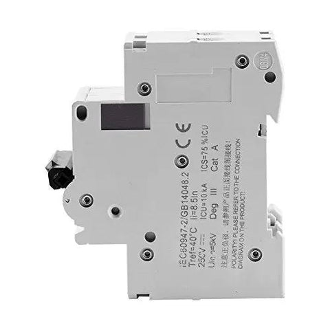 Side view of Two Pole 250V DC Miniature Circuit Breaker for Solar PV and Grid Systems DIN Rail Mount Quick Trip DC Breaker 63A.