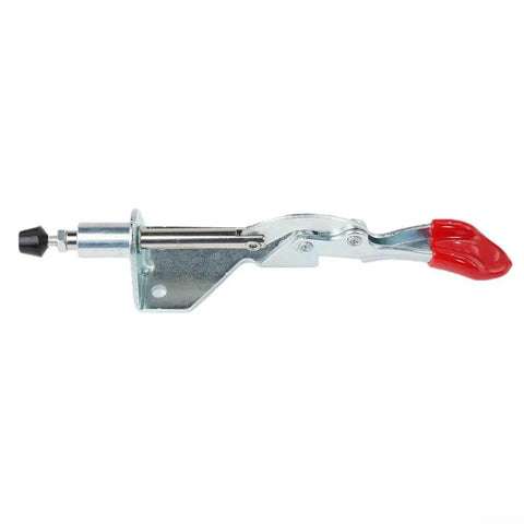 Heavy Duty Vertical Toggle Clamp For 90Kg Load, Galvanized Steel Body With Ergonomic Handle, side view of clamp mechanism.
