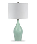 28.25 Inch Tall Porcelain Table Lamp With Teal And Taupe Two Tone Finish, White Linen French Drum Shade, Durable Lining, Modern Living Room Vibe