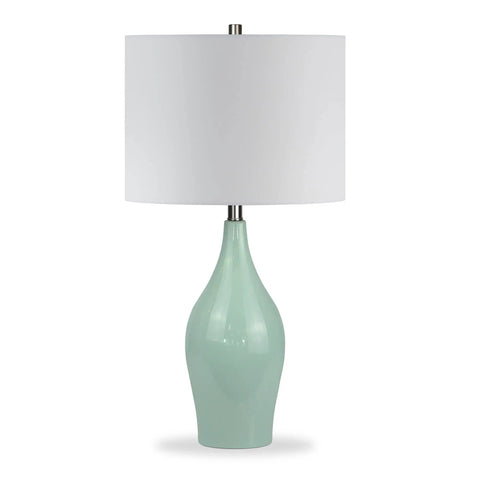 28.25 Inch Tall Porcelain Table Lamp With Teal And Taupe Two Tone Finish, White Linen French Drum Shade, Durable Lining, Modern Living Room Vibe