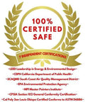 Certification badge stating '100% Certified Safe' with logos and details of 7 independent certifications for eco-friendly products.